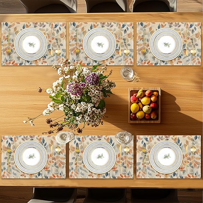 Placemats Set of 6,Autumn Leaves Table Mats,Fall Colorful Washable Linen Table Mats,Non-Slip Heat Resistant Placemats for Party Kitchen Dining Indoor Outdoor 12"x18"