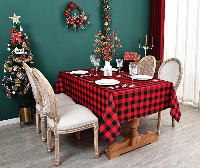 Red Gingham Christmas Plaid Tablecloth - Rectangular 58x102 Inch Water Resistant Table Cloth for Indoor/Outdoor Use - Holiday Table Cover for Kitchen, Picnics, and Parties