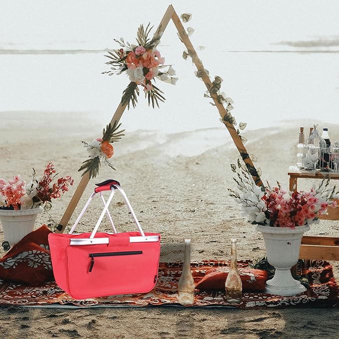 Picnic Basket, SIYUAN Collapsible Shopping Basket 24L Portable Grocery Basket with 2 Handles Reusable Folding Market Basket Large Christmas Basket, Cherry Red