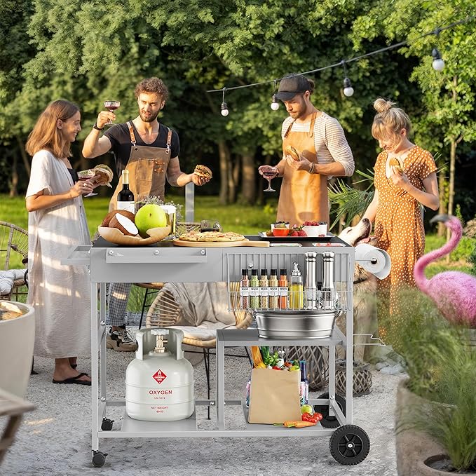 JY QAQA Outdoor Pizza Oven Stand with Condiment Shelf, Outdoor Cooking Cart, Grill Worktable for Patio, Food Prep Station Fits Ninja Woodfire Grill, Cuisinart Grill, Blackstone Griddle