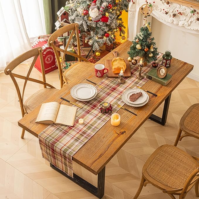 Beige Plaid Christmas Table Runner, Winter Holiday Table Runners 72 inches Long Xmas Decorations Indoor Outdoor Farmhouse Home Kitchen Dining Party Decor