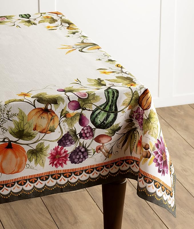 Maison d' Hermine Table Cloth Square Table 100% Cotton 60 x 60 Inches Fall Tablecloth Reusable Everyday Use for Thanksgiving Christmas Decorations Dining Farmhouse (Pumpkin Garden - Cloudy Cream)