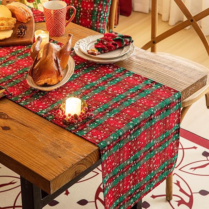 Green Red Plaid Snowflake Christmas Table Runner, Winter Holiday Table Runners 72 inches Long Xmas Decorations Indoor Outdoor Farmhouse Home Kitchen Dining Party Decor