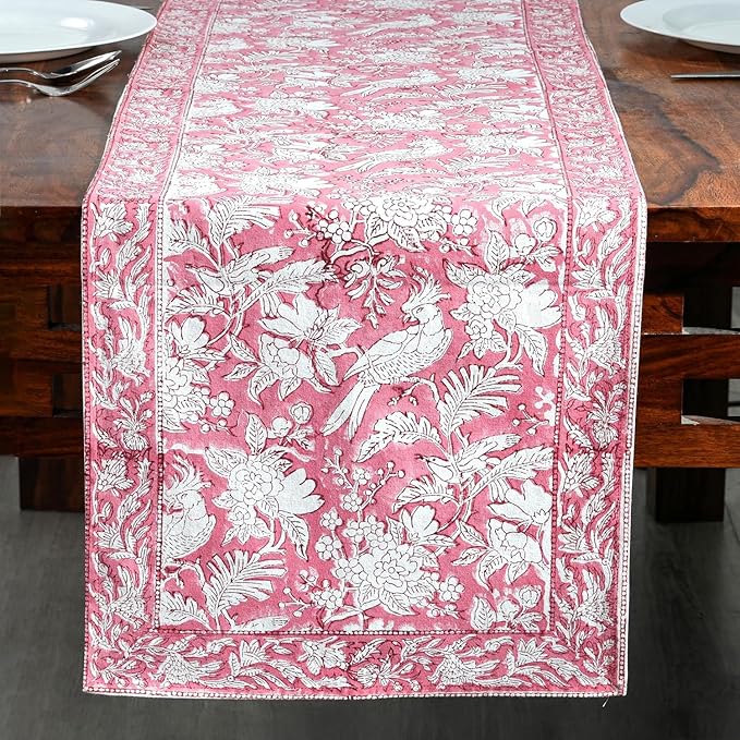 CPC Cotton Table Runner 16x90 Inch Block Printed Long Fall Table Runner for Dining Table, Card Table, Coffee Table, Wedding, Farmhouse & Outdoor Barbeque-Coral Pink