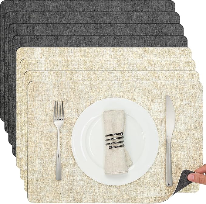 Myir JUN Placemats Set of 8, Dual Sided Faux Leather Placemats Place Mats Set of 8 Indoor for Dining Table Non-Slip Washable Heat Resistant Outdoor Table Mats (Set of 8, Gray Cream)