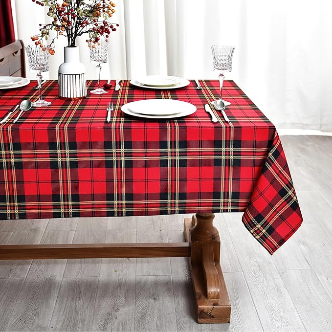 Tartan Waterproof Christmas Plaid Tablecloth Fabric - Red Oblong 52x70 Inch Classic Buffalo Tartan Festive Table Cloth for Indoor Use - New Year Tabletop Cover for Dinner, BBQs, and Parties