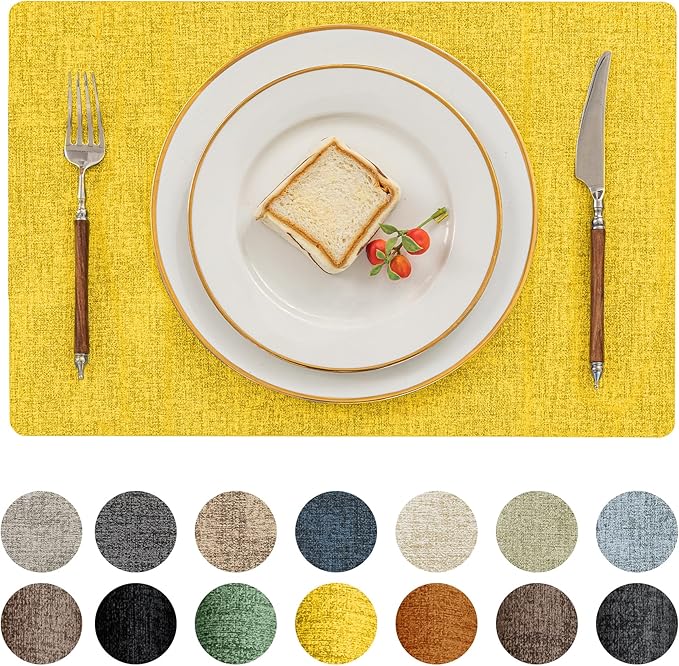 Romanstile Vinyl Placemats Set of 4-12 X 17 Inch - Heat Resistant Place Mats 100% Waterproof Oilproof Wipeable Reversible Faux Leather Table Mats for Kitchen, Dining, Party, Outdoor, Yellow