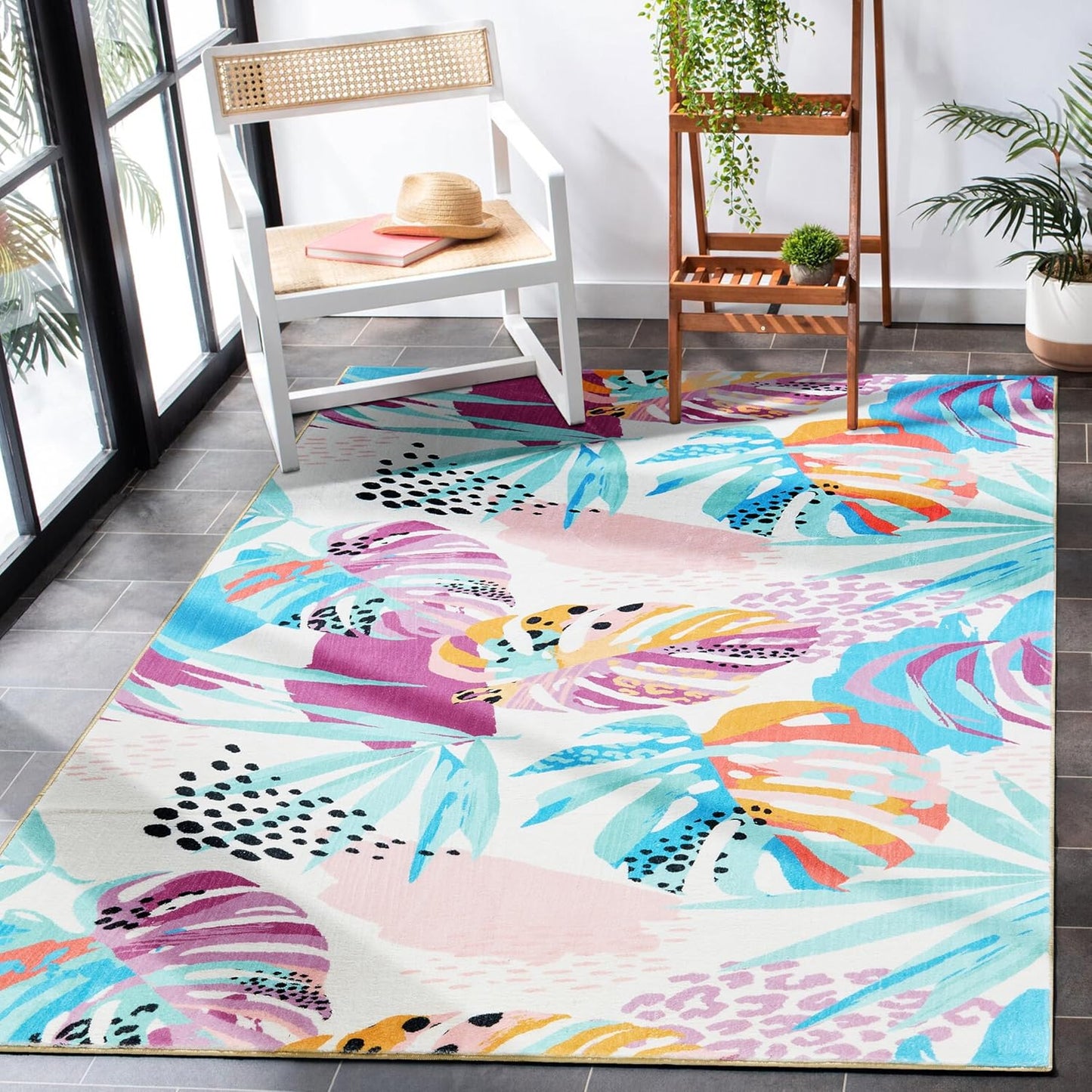 RoomTalks Tropical Leaves Washable Rug, Colorful Pink Blue Boho Cute Floral Aesthetic 5x7 Area Rugs for Bedroom Dorm Living Room Kitchen, Modern Abstract Art Palm Leaf Thin Indoor Entryway Carpet
