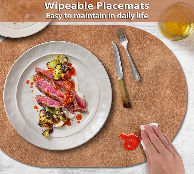 ADRIMER Placemats, Heat Resistant Oval Placemats Set of 6 Washable 12 x 17 Inch, Waterproof Table Mats, Wipeable Pu Place Mats for Kitchen, Dining Room, Sandy Light Brown