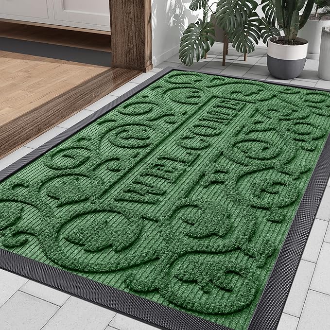Smiry Welcome Door Mat Outside Entrance, Heavy Duty Trap Dirt and Moisture Easy Clean Low Profile Patio Porch Indoor Outdoor Front Doormat for Entry, 36x24 Inch, Green