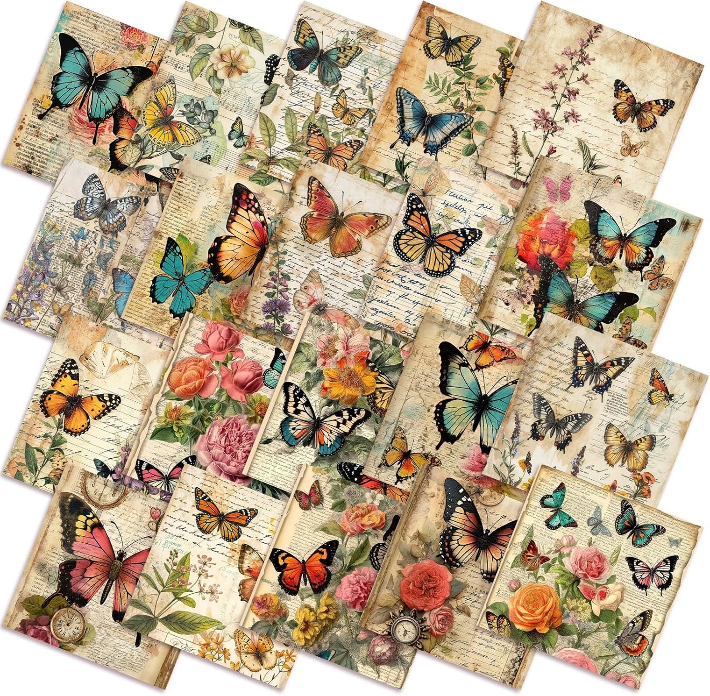 Ganeen 60 Pcs 10 x 10 Inch Vintage Butterfly Quilting Fabric Squares Summer Butterfly Fabric Bundle Retro Fat Patchwork Precut Stripes for Handmade Material Sewing DIY Crafts