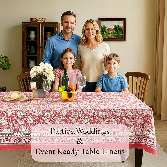 CPC Tablecloth 100% Cotton 70x108 Inch Indian Block Print Rectangle Table Cover, Pink Table Cloth for Weddings, Thanksgiving and Christmas - Pink Coral