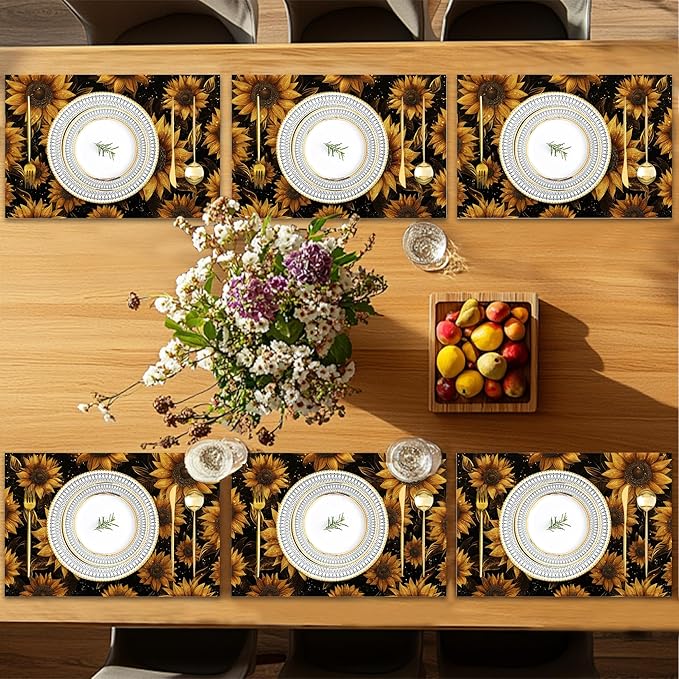 Placemats12x18 Inch,Sunflowers Placemats,Kitchen Dining Coffee Table Mats Set of 6 for Home Indoor Outdoor Party