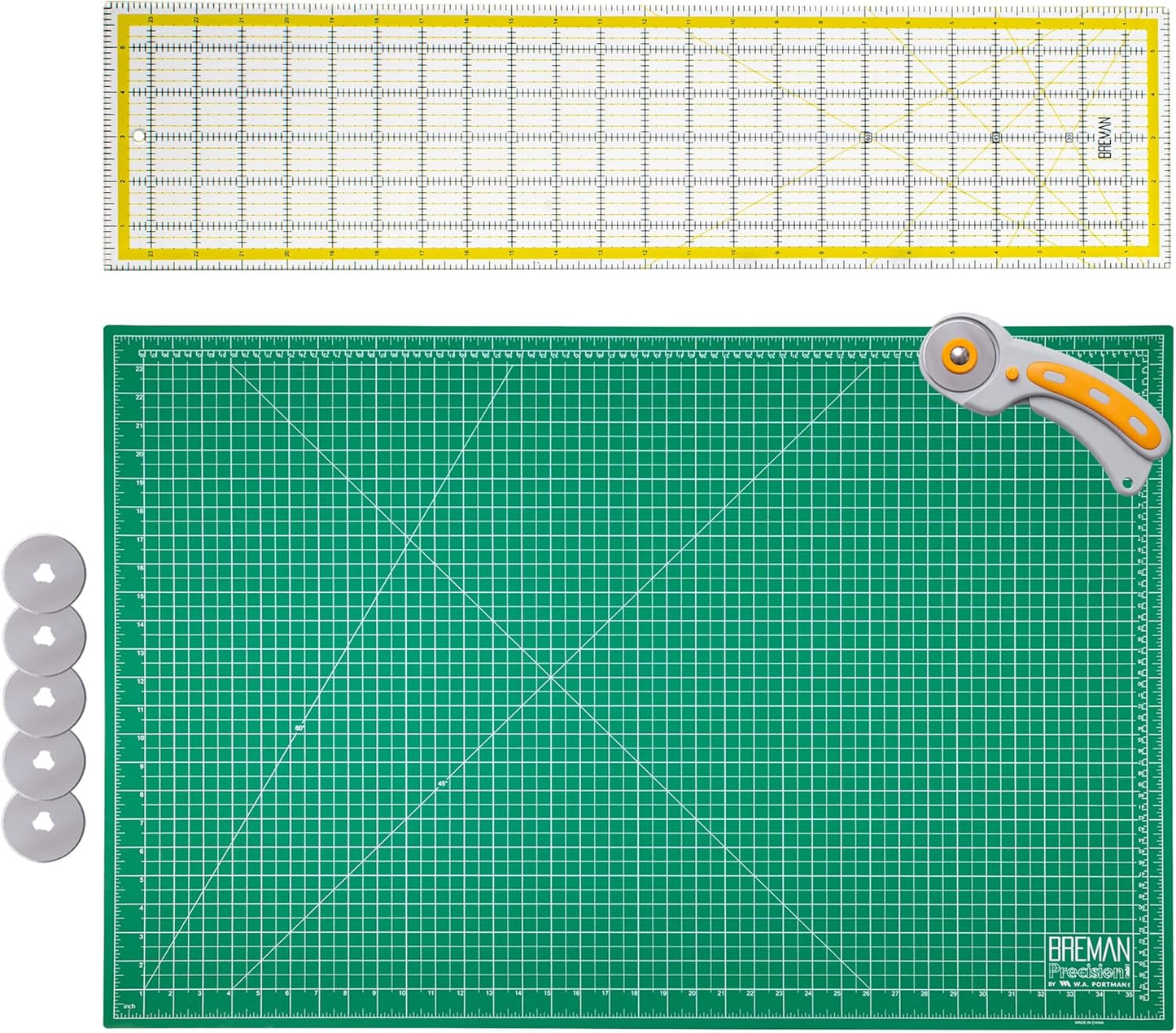 WA Portman Self Healing Cutting Mat & Rotary Cutter Set – 45mm Rotary Cutter for Fabric with 5 Extra Blades with 24x36 Fabric Cutting Mats for Crafts & 6x24 Acrylic Quilting Rulers – 3pc Sewing Kit