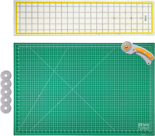 WA Portman Self Healing Cutting Mat & Rotary Cutter Set – 45mm Rotary Cutter for Fabric with 5 Extra Blades with 24x36 Fabric Cutting Mats for Crafts & 6x24 Acrylic Quilting Rulers – 3pc Sewing Kit