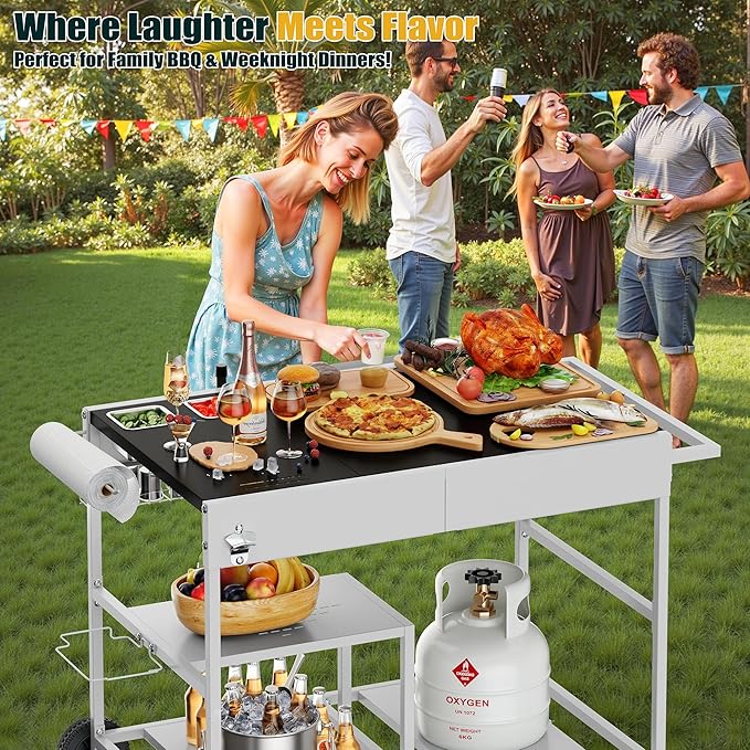 Shintenchi Pizza Oven Cart Table with Topping Station and Wheels, Outdoor Tabletop Grill Table Stand, Movable Food Prep Workcart Fits for Ninja and Blackstone Woodfire Grill