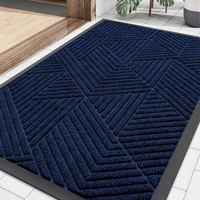 Smiry Front Door Mat Outside Entrance, Heavy Duty Sturdy Natural Rubber Doormat, Trap Dirt and Moisture, Easy Clean Low Profile Mats for Indoor Outdoor Entry, Irregular Triangle (36x24, Royal Blue)