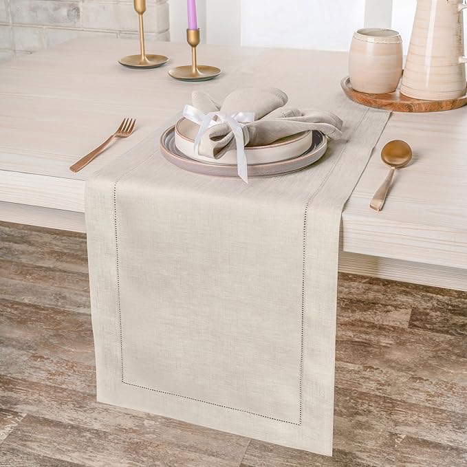 D'Moksha Homes Linen Light Natural Table Runner 48 Inches - Classic Hemstitch, 100% Pure Linen Coffee Table Runner 14 x 48 Inch Ideal for Dresser Tables, Valentines, Spring, Easter