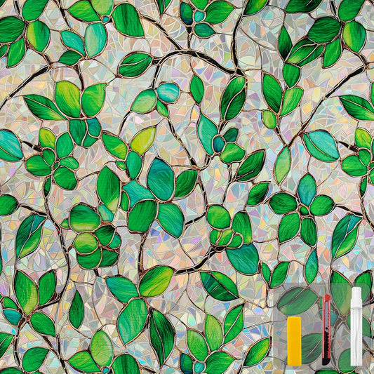Window Privacy Film Stain Glass Window Film Rainbow Window Film Window clings Non-Adhesive Reusable Decorative for Room (Greenery Leaf, 45.2 x 78.7 in)