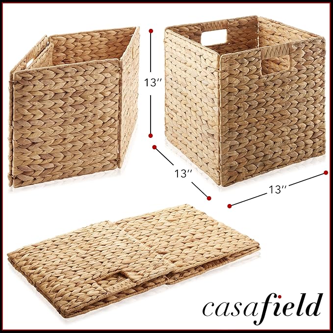 Casafield 13" x 13" Water Hyacinth Storage Baskets, Natural - Set of 2 Collapsible Cube Organizers, Woven Bins for Bathroom, Bedroom, Laundry, Pantry, Shelves