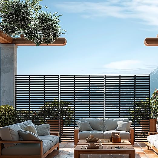 Casaphoria Metal Privacy Screen Outdoor, 72" H x 47" W Freestanding Decorative Privacy Screen for Patio Deck Balcony Garden with Stable Base, Black-Adams