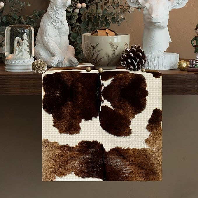 Cow Print Table Runner Seasonal Spring Fall Kitchen Dining Linen Table Decoration for Indoor Outdoor Home Party Dinner 13x72 Inch