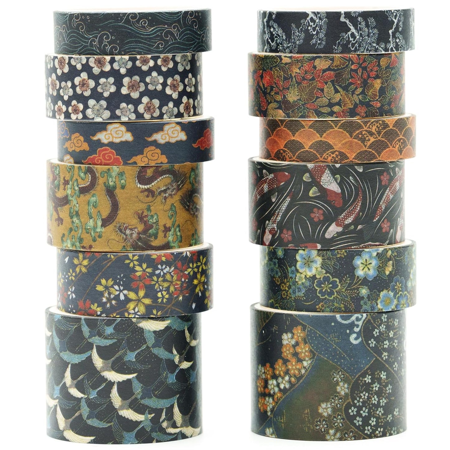 12 Rolls Kyoto Charm Washi Tape Set Japanese Arts Adhesive Tapes Geometric Garden Decorative Masking Tape Sets for Craft, Kids, Scrapbook, DIY, Gift Wrapping (Cerulean Showa)