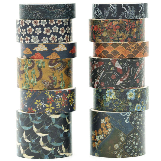 12 Rolls Kyoto Charm Washi Tape Set Japanese Arts Adhesive Tapes Geometric Garden Decorative Masking Tape Sets for Craft, Kids, Scrapbook, DIY, Gift Wrapping (Cerulean Showa)