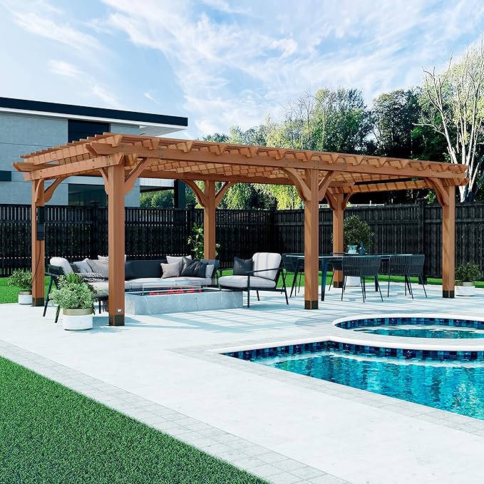 Backyard Discovery Beaumont 24' x 12' Traditional Cedar Wood Pergola Kit with Trellis Roof, All-Season Durability, High-Wind Rating, PowerPort, Shade for Outdoor Patio, Deck, Garden, and Entertaining