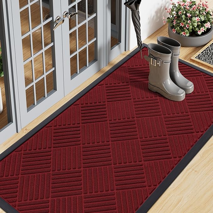 Smiry Front Door Mat Outside Entrance, Heavy Duty Outdoor Indoor Mat, Natural Rubber Doormat, Non Slip, Trap Dirt and Moisture, Easy Clean, Low Profile Patio Porch Entryway Mat, 71x23, Wine Red