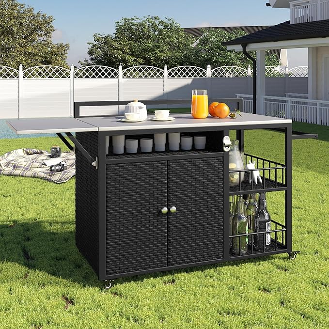 CHARMMA 63.5" Outdoor Kitchen Island, Kitchen Storage Island, Cooking Station, Outdoor Grill Cart with Foldable Side Tabletop, Ample Storage Space, Bottle Opener for Outside Patio, Backyard