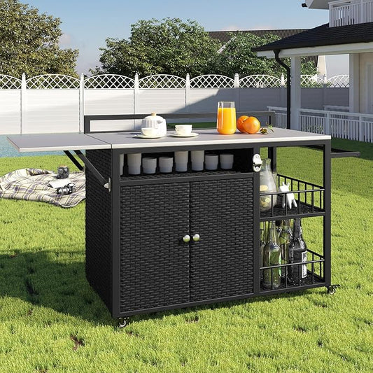 CHARMMA 63.5" Outdoor Kitchen Island, Kitchen Storage Island, Cooking Station, Outdoor Grill Cart with Foldable Side Tabletop, Ample Storage Space, Bottle Opener for Outside Patio, Backyard