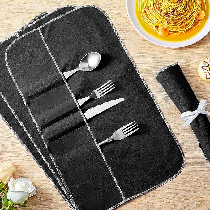 Hillban 12 Pcs Anti Tarnish Silver Storage Bags Silver Storage Cloth Felt Flatware Organizer Anti Tarnish Protector Bags Place Setting Roll with White Ribbon for Kitchen Cutlery (12 Slots,Black)