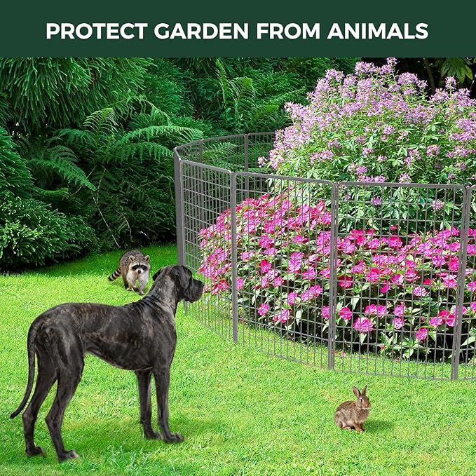 FXW Garden Fence Outdoor for The Yard – 50in(H) x 62.6ft(L) Heavy Duty Metal Animal Barrier for Dog and Rabbit, Decorative Dog Fence, 24 Panels, Silver