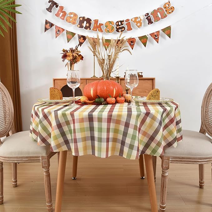 Waterproof Plaid Tablecloth Fabric - Round 58 Inch Classic Gingham Checker Table Cloth for Indoor/Outdoor Use - Buffalo Table Cover for Picnics, BBQs, and Parties