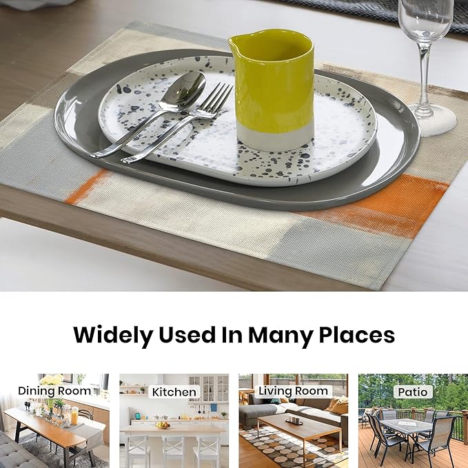 Modern Art Placemats Set of 4 Orange Abstract Painting Place Mats Washable Linen Beige Placemat for Kitchen Dining Table Home Party Banquet Decor 18x12 Inches