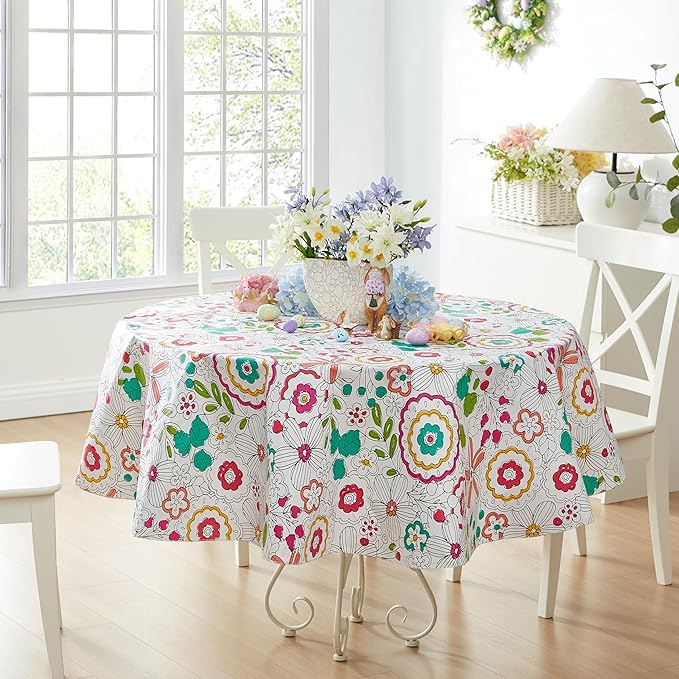 Newbridge Shabby Chic Lily Print 70 Inch Round Vinyl Flannel Backed Tablecloth, Pink Yellow and Green Lily Indoor and Outdoor Waterproof Vinyl Table Cover for Spring Holiday Party