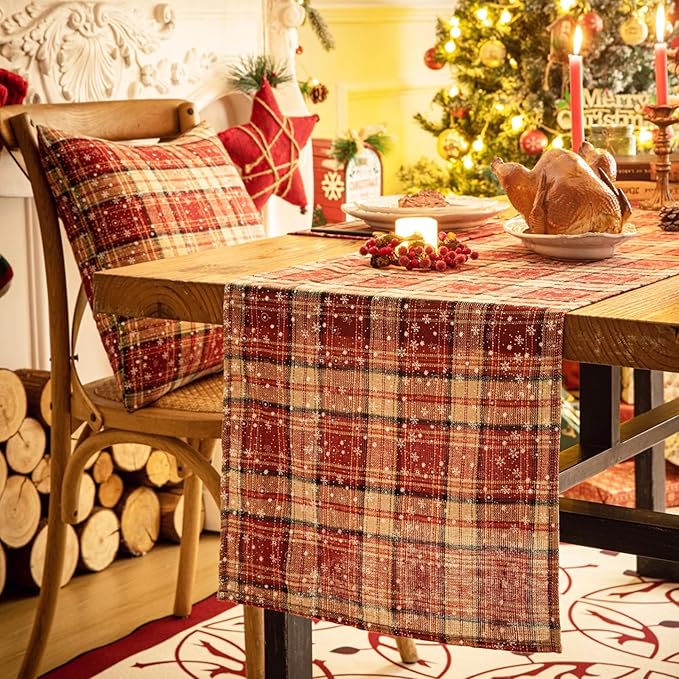 Red Plaid Snowflake Christmas Table Runner, Winter Holiday Table Runners 72 inches Long Xmas Decorations Indoor Outdoor Farmhouse Home Kitchen Dining Party Decor