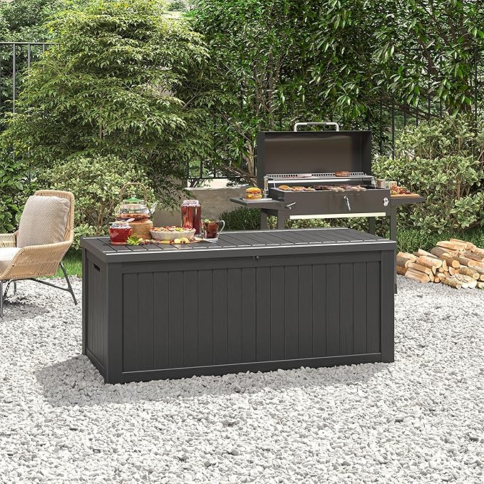 NUNU LAB 220 Gallon Outdoor Storage Box Waterproof, Outside Package Delivery Deck Boxes with Lockable Lid, Backyard Storage Bin For Garden Tools, Patio Cushions, Black