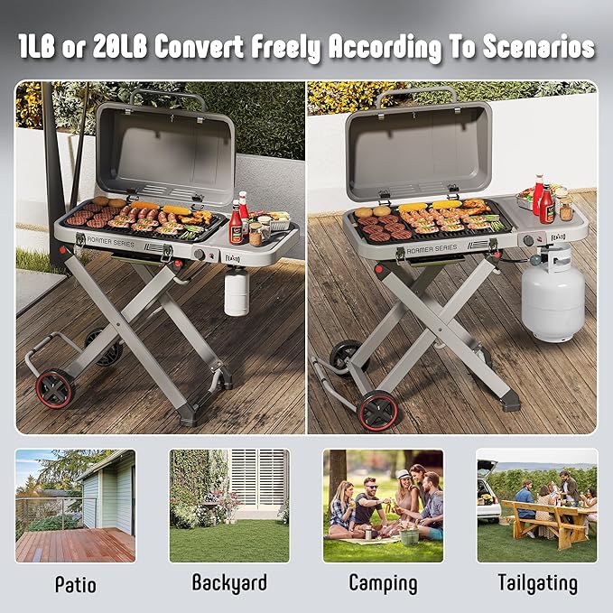 Portable Propane Gas Grill with Folding Cart & 13000 BTUs Burner, 360 Sq. In. Cast Iron Cooking Grates, Side Table, 8" Wheels, Stainless Grease Tray, Grey. Includes Propane Adapter Hose