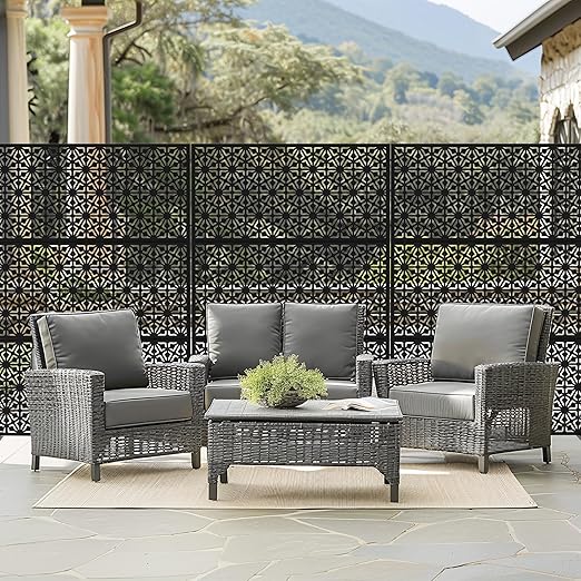 Casaphoria 72" H x 47" W Metal Outdoor Privacy Screen, Freestanding Decorative Divider for Patio, Deck, Balcony, and Garden with Stable Base, Black Gene