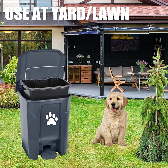 tebiete Dog Poop Trash Can Outdoors Pet Waste Station with Lid Dog Waste Disposal Container with Removable Inner Bin Bucket Hands-Free Pedal Garden Yard Home with 5Rolls Waste Bags, Grey