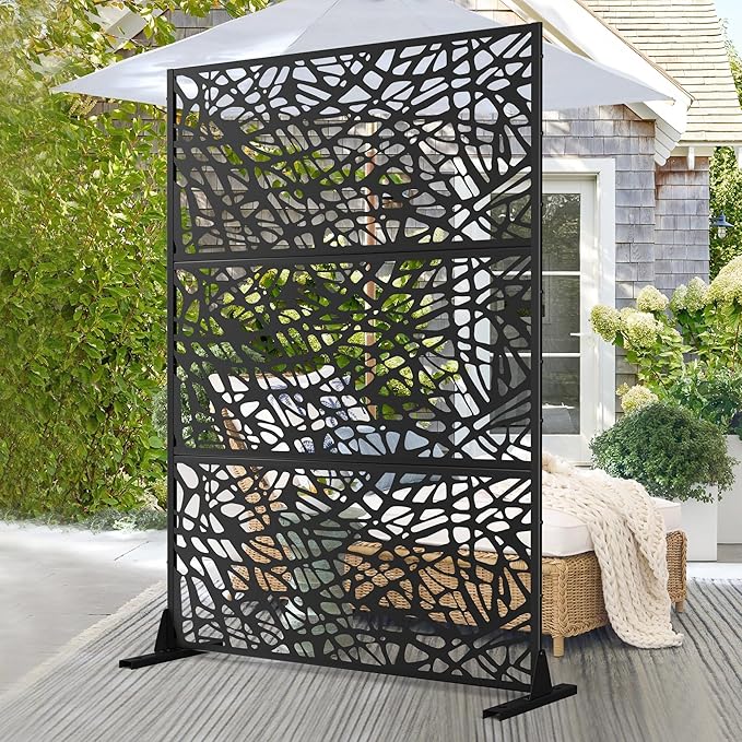 Elevens Metal Outdoor Privacy Screen, Freestanding Outdoor Divider Decorative Privacy Fence Screen,Outdoor Decorative Privacy Screens and Panels for Balcony Patio,72" H×47" W (Black-Mesh)