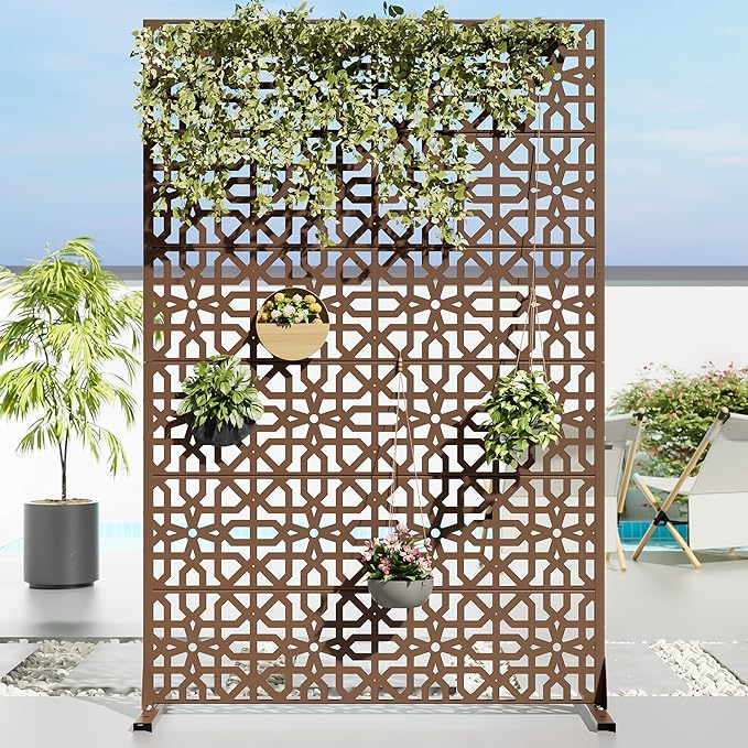 Casaphoria Metal Privacy Screen Outdoor, 72" H x 47" W Freestanding Decorative Privacy Screen for Patio Deck Balcony Garden with Stable Base, Brown-Perilla