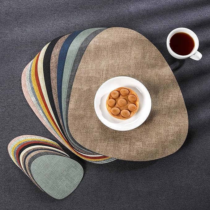 Placemats and Coasters, Washable Reversible Placemats Round Faux Leather Wipeable Place Mats Non Slip Heat Resistant Indoor Outdoor Table Mats (Set of 6, Gray Sage Green)