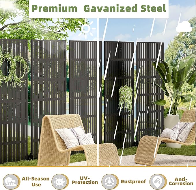 Casaphoria Metal Privacy Screen Outdoor, 72" H x 35" W Freestanding Decorative Privacy Screen for Patio Deck Balcony Garden with Stable Base, Fence Black