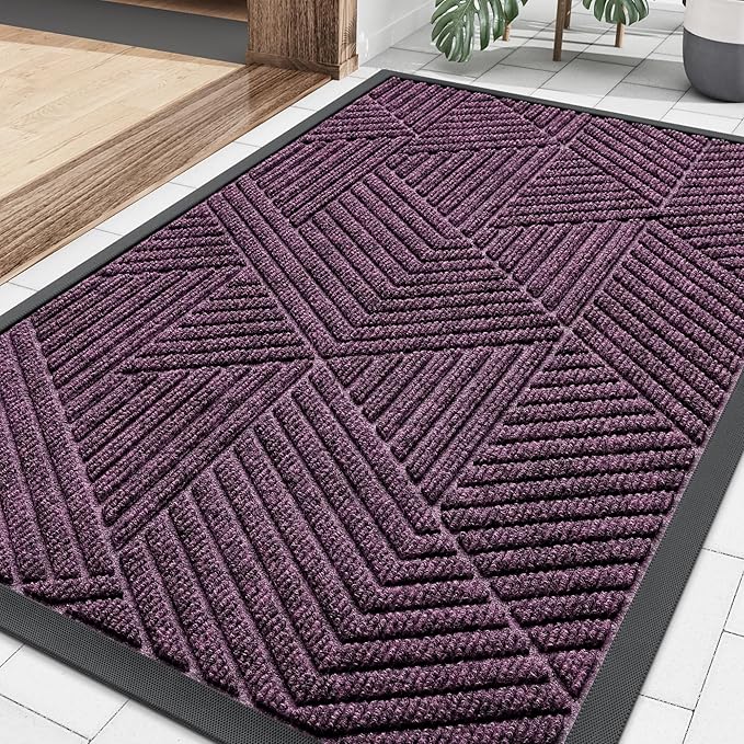 Smiry Front Door Mat Outside Entrance, Heavy Duty Sturdy Natural Rubber Doormat, Trap Dirt and Moisture, Easy Clean Low Profile Mats for Indoor Outdoor Entry, Irregular Triangle (36x24, Purple)