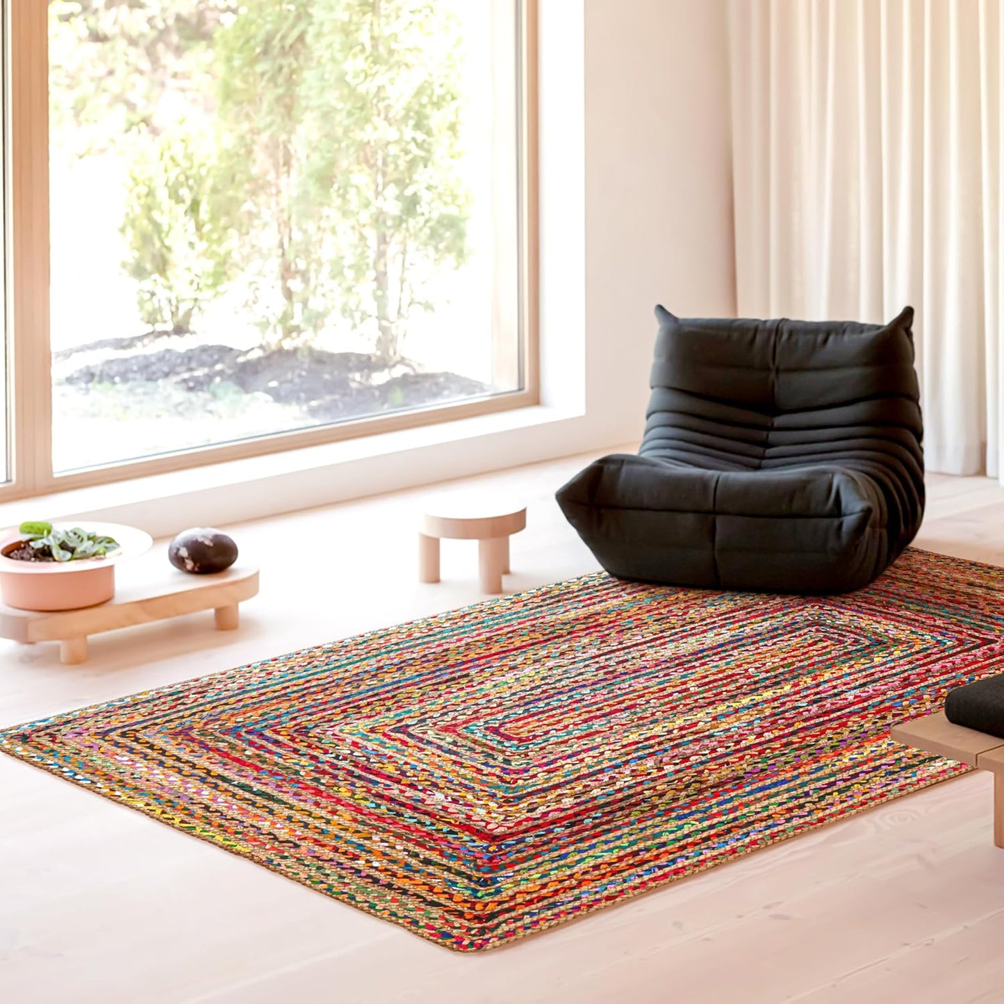 3'x5' Handwoven Jute Chindi Area Rug - Colorful Boho Rugs for Living Room - Hand Braided Multicolor Bohemian Rug for Farmhouse, Bedroom, Dining Room, Classroom, Hallway, Kitchen, Office