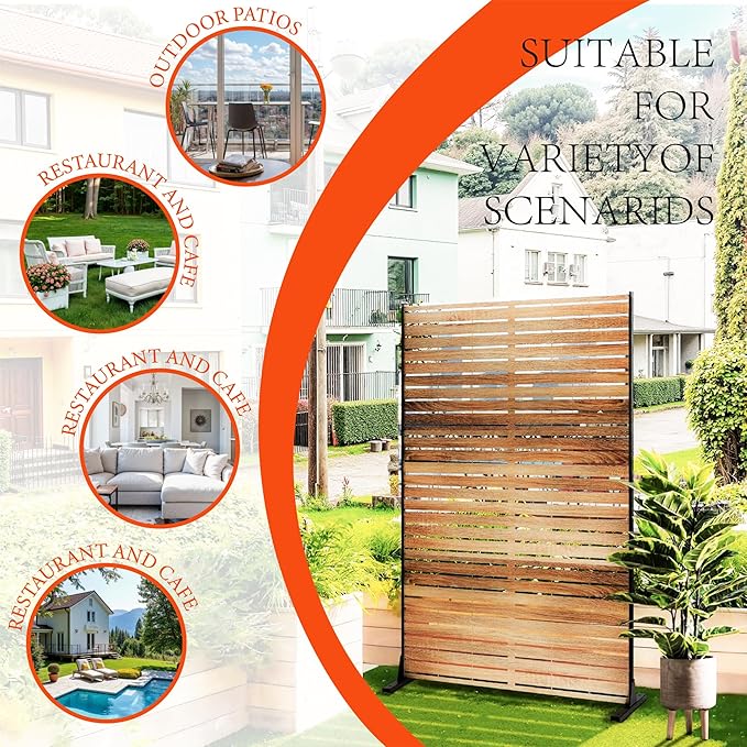 GarveeLife Metal Privacy Screen 72" h x 47" w, Outdoor Privacy Screens and Panels, Freestanding Decorative Fence for Patio Lawn Garden Deck Balcony, 3-Panel with Stand for Outdoor & Indoor Use