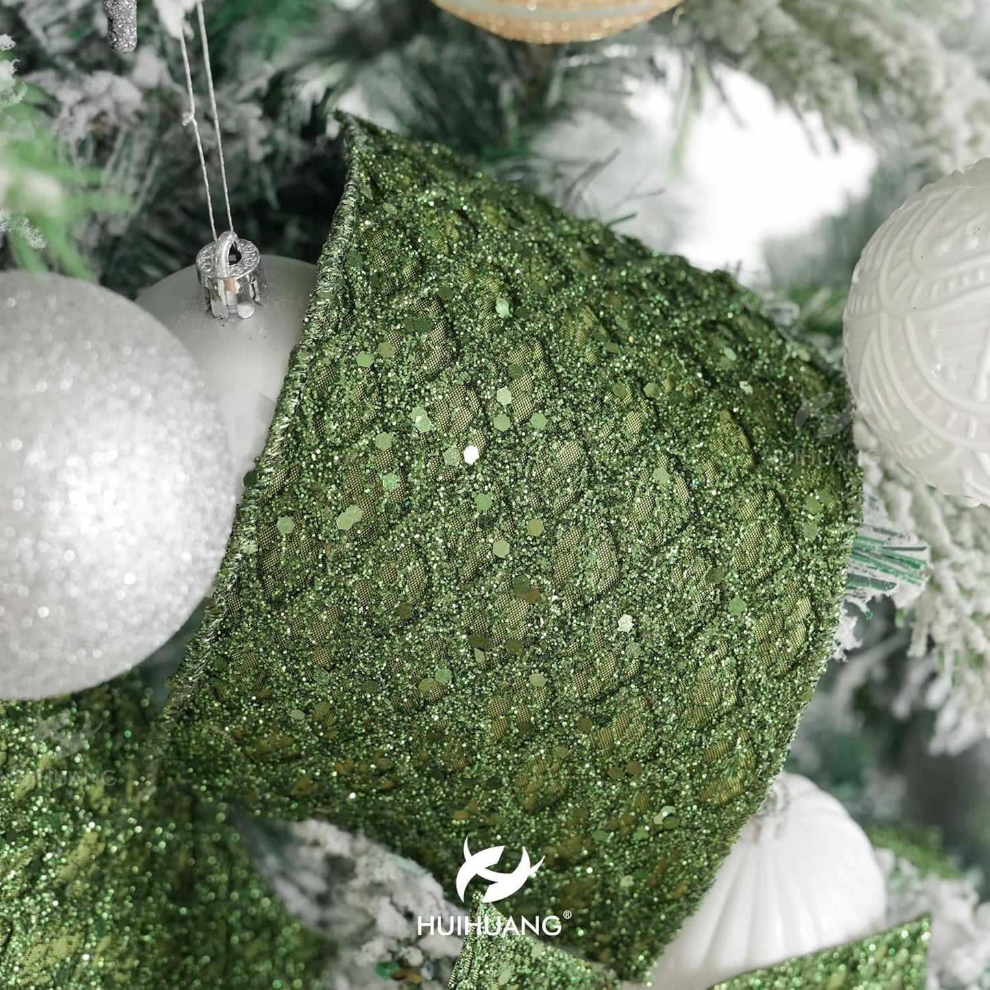HUIHUANG Moss Green Wired Christmas Ribbon 4 inch Moss Glitter Wired Ribbon Diamond Mesh Wire Ribbon for X-mas Tree Decorations, Wreaths, Garland, Large Bows Making, Home Decor -10 Yards